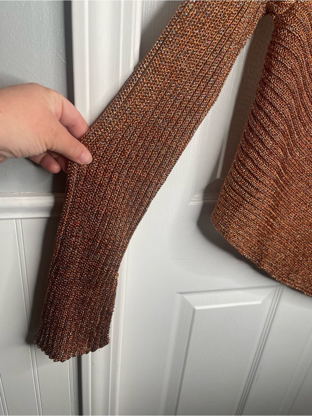 Free People Logan Metallic Knit Asymmetrical Sweater Holiday in Copper/Brown L - Picture 8 of 15